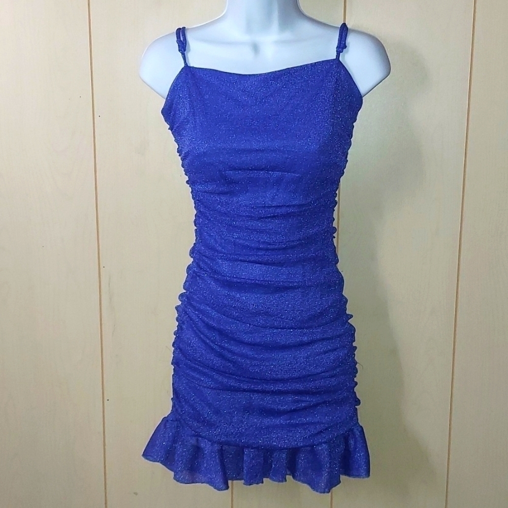 City Vibe Ruched Foiled Mesh Flounce Hem Dress